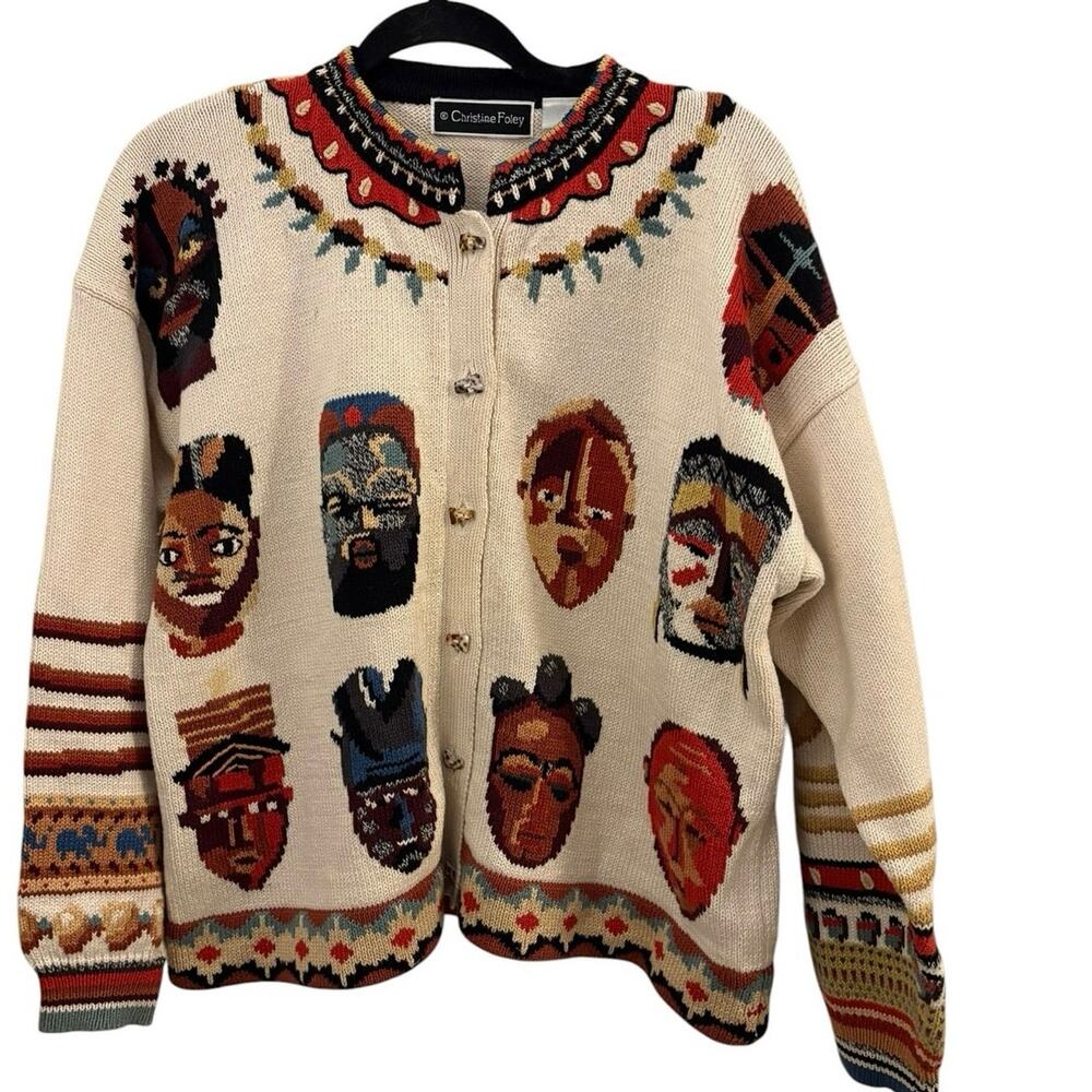 Christine Foley Vintage Cardigan Sweater Southwestern Style 100% Cotton Aztec